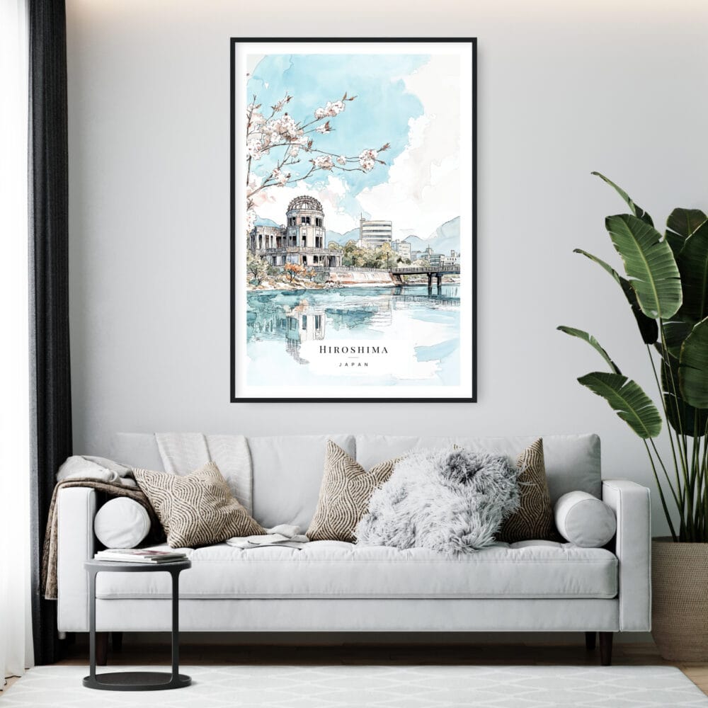 Framed Hiroshima Watercolor Wall Art - Living Room - Portrait Framed Hiroshima Watercolor Wall Art - Living Room - Portrait