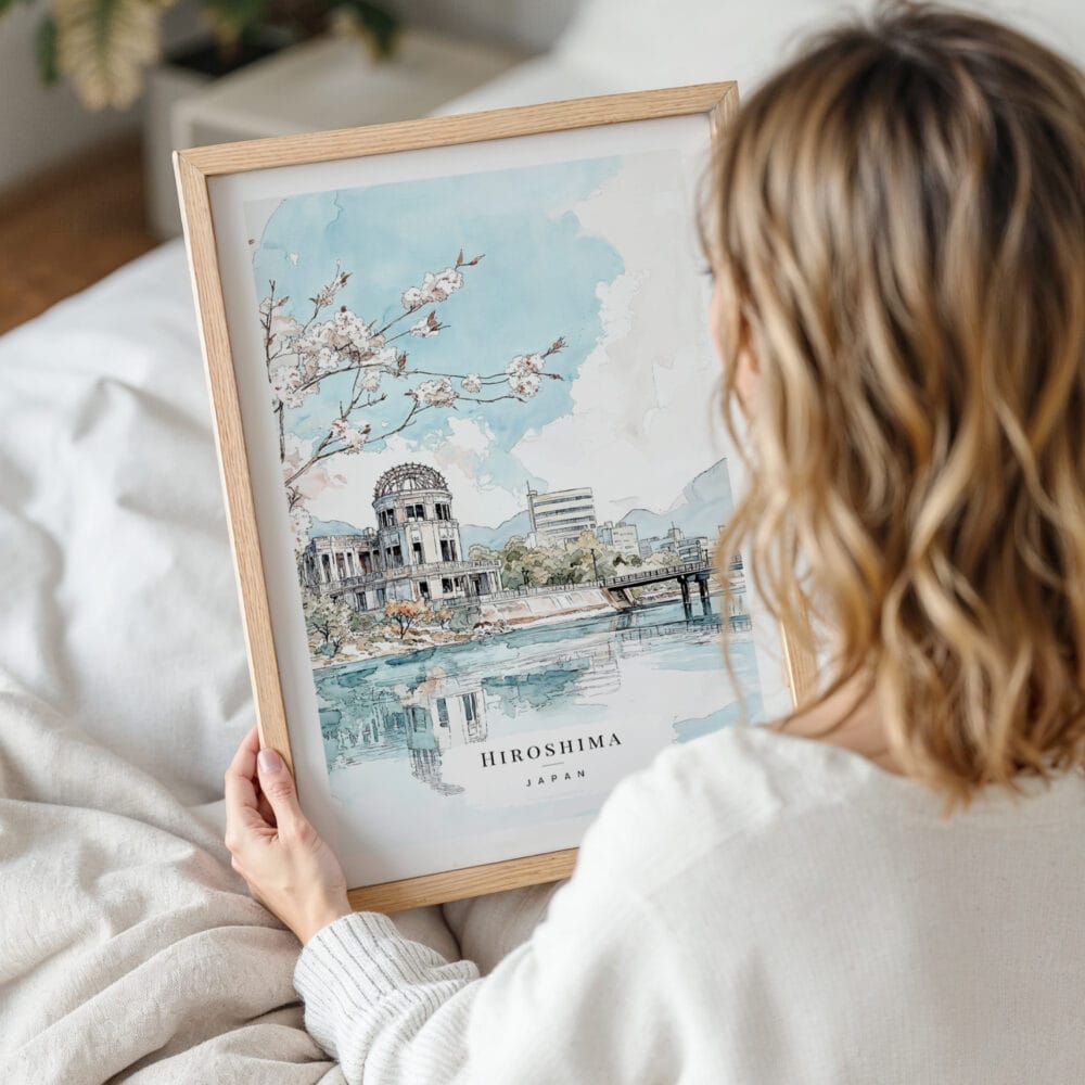 Framed Hiroshima Watercolor Wall Art - Woman Holding - Portrait Framed Hiroshima Watercolor Wall Art - Woman Holding - Portrait