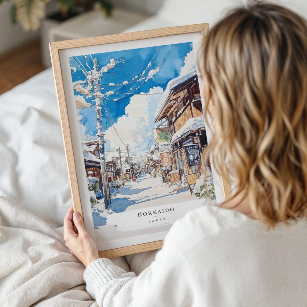 Framed Hokkaido Village Watercolor Wall Art - Woman Holding - Portrait Framed Hokkaido Village Watercolor Wall Art - Woman Holding - Portrait