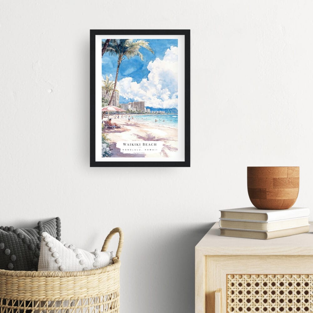 Framed Honolulu Waikiki Beach Watercolor Wall Art - Hallway - Portrait Framed Honolulu Waikiki Beach Watercolor Wall Art - Hallway - Portrait