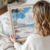 Framed Honolulu Waikiki Beach Watercolor Wall Art - Woman Holding - Portrait