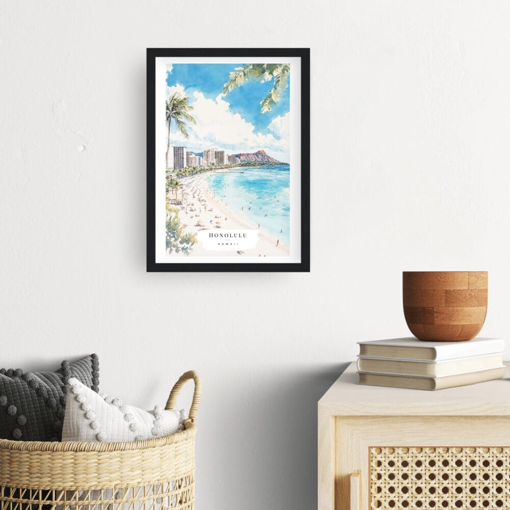 Framed Honolulu Watercolor Wall Art - Hallway - Portrait Framed Honolulu Watercolor Wall Art - Hallway - Portrait