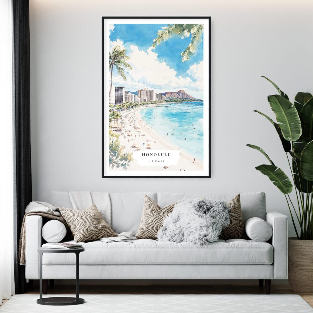 Framed Honolulu Watercolor Wall Art - Living Room - Portrait Framed Honolulu Watercolor Wall Art - Living Room - Portrait