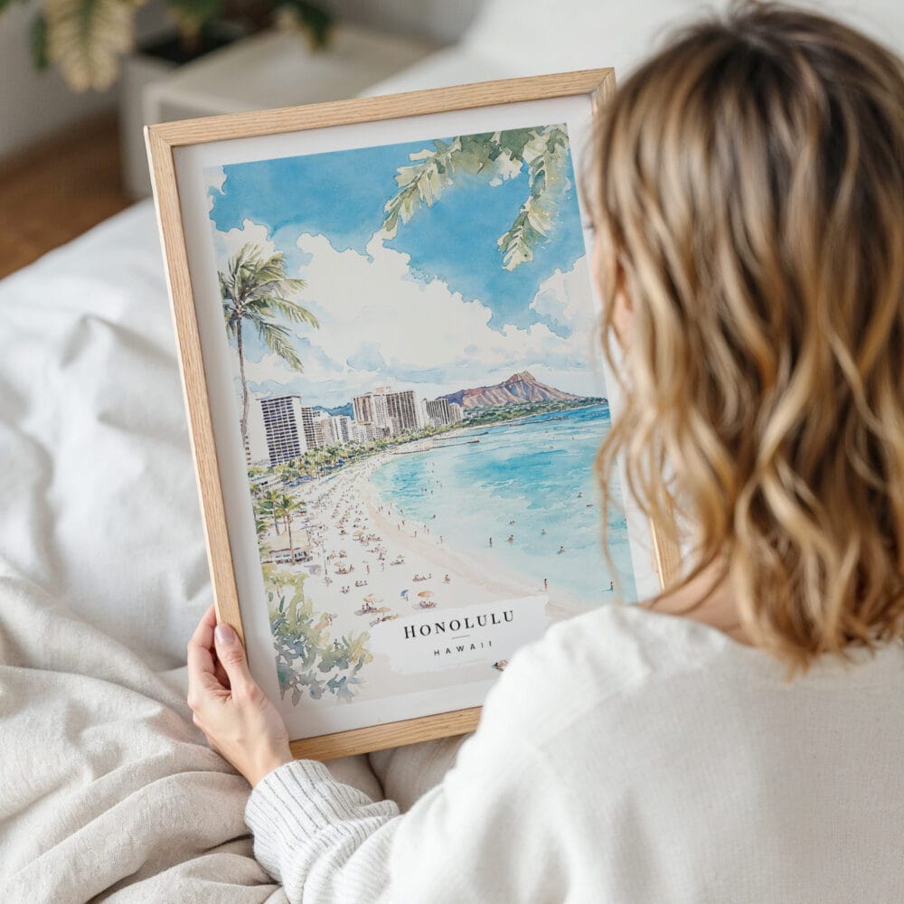 Framed Honolulu Watercolor Wall Art - Woman Holding - Portrait Framed Honolulu Watercolor Wall Art - Woman Holding - Portrait