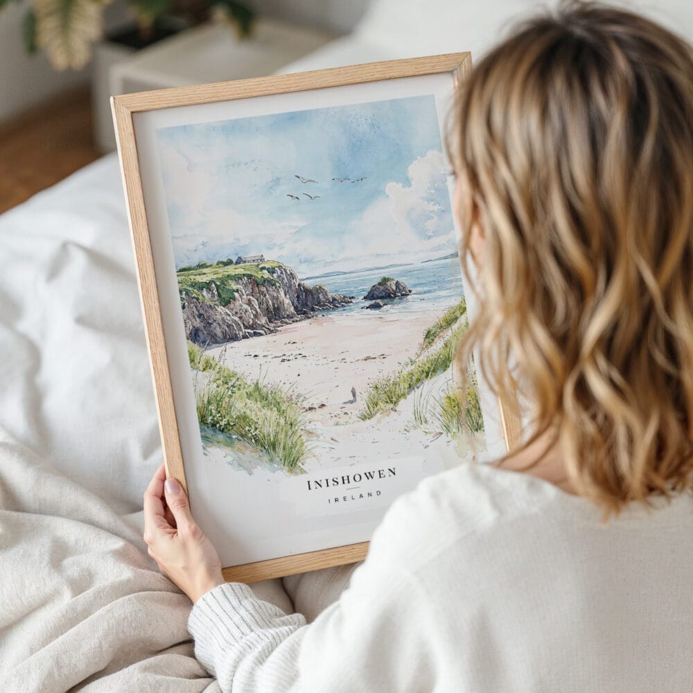 Framed Inishowen Ireland Watercolor Wall Art - Woman Holding - Portrait Framed Inishowen Ireland Watercolor Wall Art - Woman Holding - Portrait