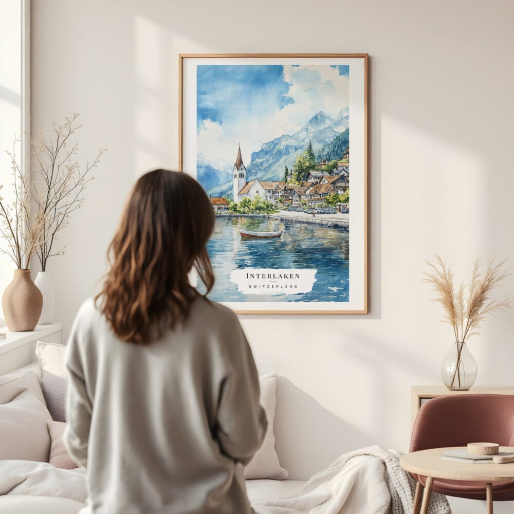 Framed Interlaken Watercolor Wall Art - In Living Room with Woman Looking at it - Portrait Framed Interlaken Watercolor Wall Art - In Living Room with Woman Looking at it - Portrait