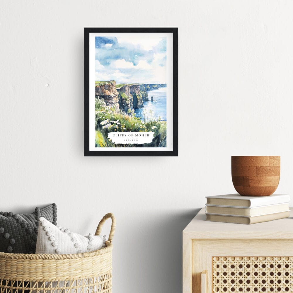 Framed Ireland Cliffs of Moher Watercolor Wall Art - Hallway - Portrait Framed Ireland Cliffs of Moher Watercolor Wall Art - Hallway - Portrait