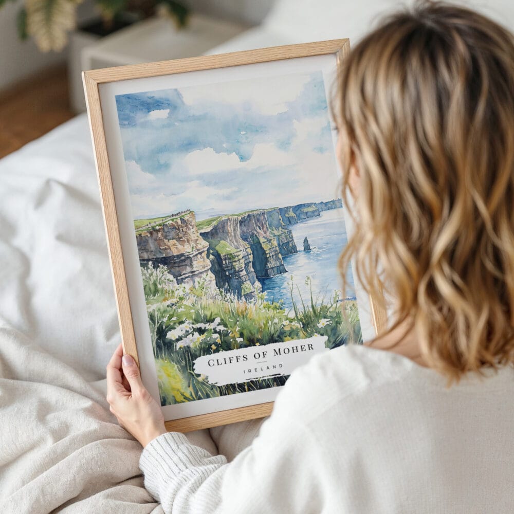Framed Ireland Cliffs of Moher Watercolor Wall Art - Woman Holding - Portrait Framed Ireland Cliffs of Moher Watercolor Wall Art - Woman Holding - Portrait