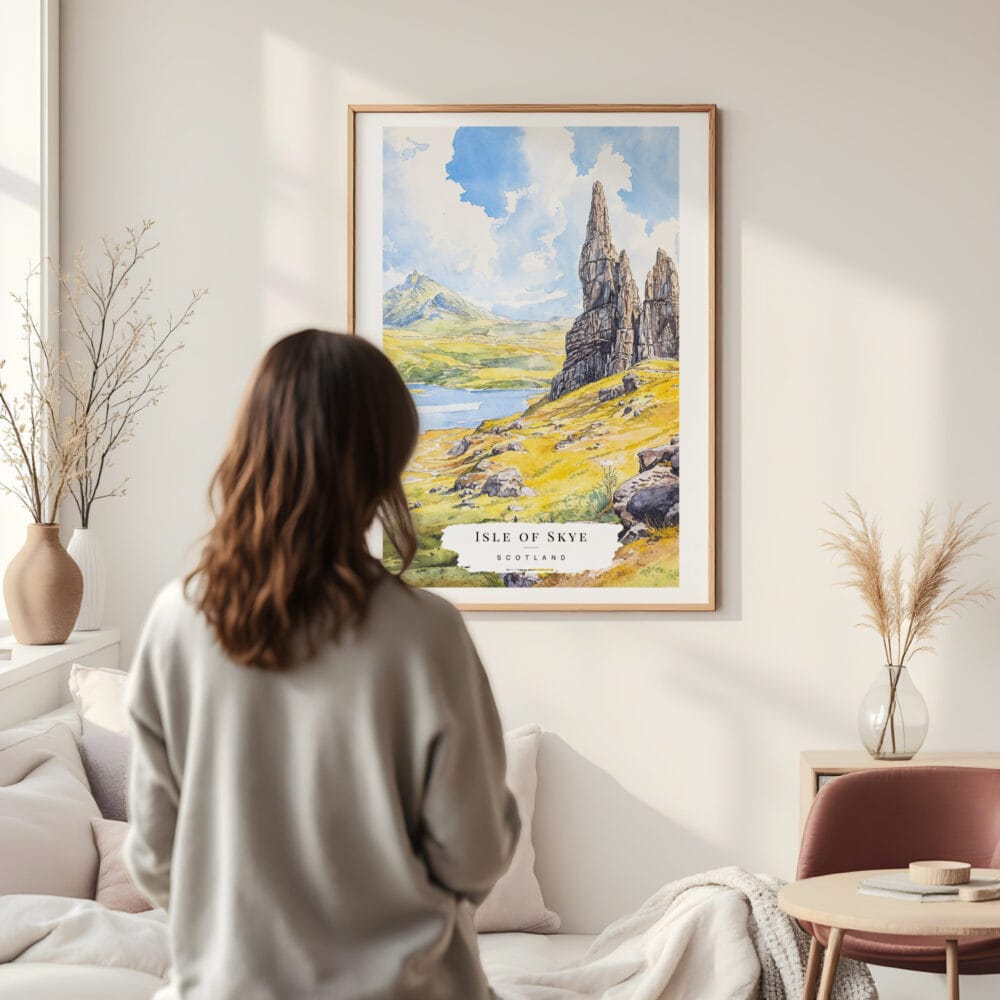 Framed Isle of Skye Watercolor Wall Art - In Living Room with Woman Looking at it - Portrait Framed Isle of Skye Watercolor Wall Art - In Living Room with Woman Looking at it - Portrait