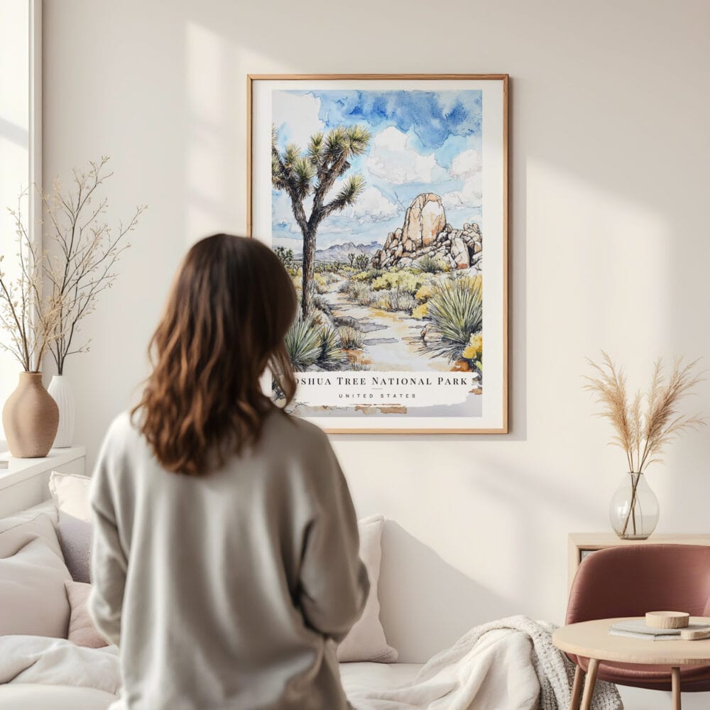 Framed Joshua Tree National Park Watercolor Wall Art - In Living Room with Woman Looking at it - Portrait Framed Joshua Tree National Park Watercolor Wall Art - In Living Room with Woman Looking at it - Portrait