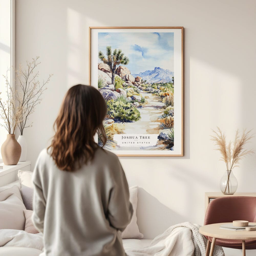 Framed Joshua Tree Watercolor Wall Art - In Living Room with Woman Looking at it - Portrait Framed Joshua Tree Watercolor Wall Art - In Living Room with Woman Looking at it - Portrait