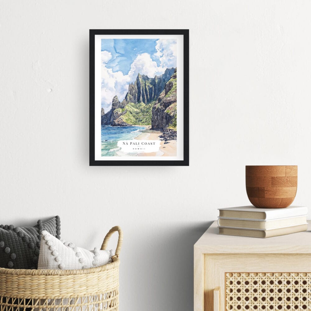 Framed Kauai Na Pali Coast Watercolor Wall Art - Hallway - Portrait Framed Kauai Na Pali Coast Watercolor Wall Art - Hallway - Portrait