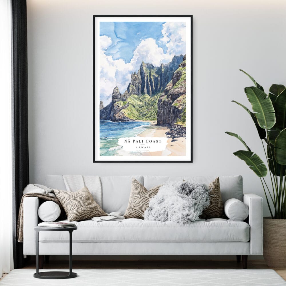 Framed Kauai Na Pali Coast Watercolor Wall Art - Living Room - Portrait Framed Kauai Na Pali Coast Watercolor Wall Art - Living Room - Portrait