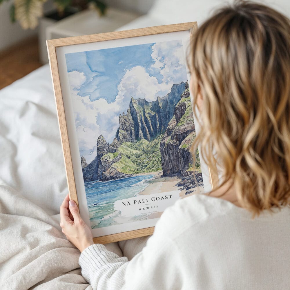 Framed Kauai Na Pali Coast Watercolor Wall Art - Woman Holding - Portrait Framed Kauai Na Pali Coast Watercolor Wall Art - Woman Holding - Portrait