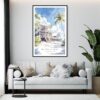 Framed Key West Beach House Watercolor Wall Art - Living Room - Portrait