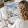 Framed Key West Beach House Watercolor Wall Art - Woman Holding - Portrait