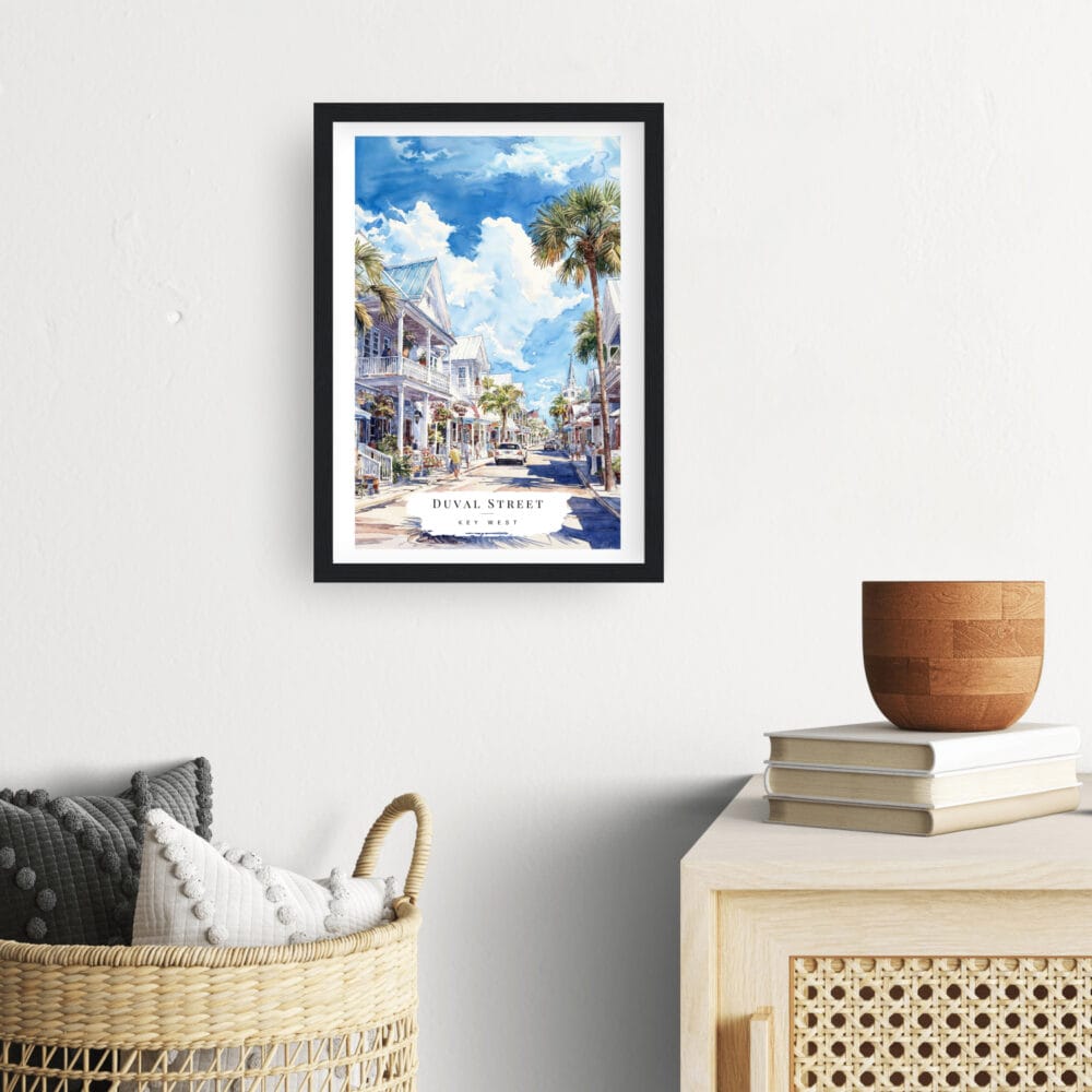 Framed Key West Duval Street Watercolor Wall Art - Hallway - Portrait Framed Key West Duval Street Watercolor Wall Art - Hallway - Portrait