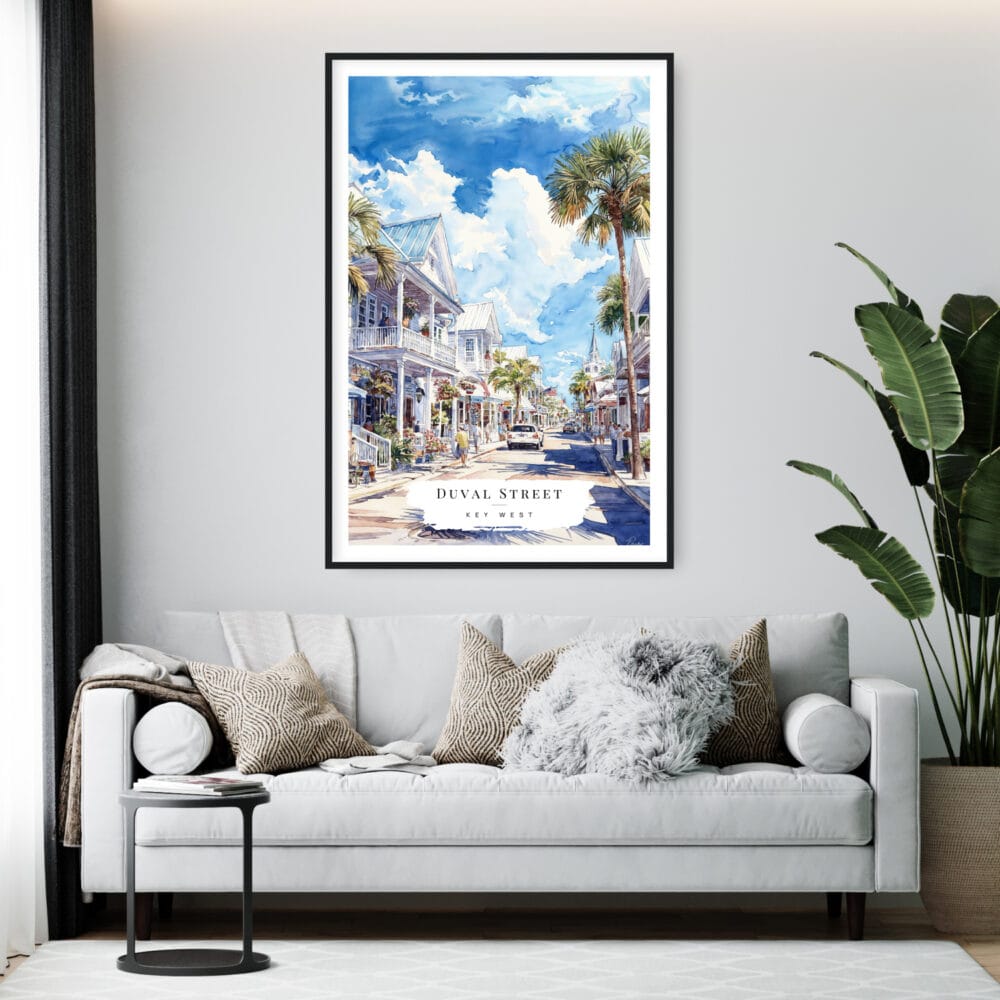 Framed Key West Duval Street Watercolor Wall Art - Living Room - Portrait Framed Key West Duval Street Watercolor Wall Art - Living Room - Portrait