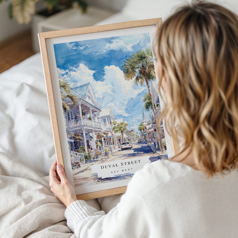 Framed Key West Duval Street Watercolor Wall Art - Woman Holding - Portrait Framed Key West Duval Street Watercolor Wall Art - Woman Holding - Portrait