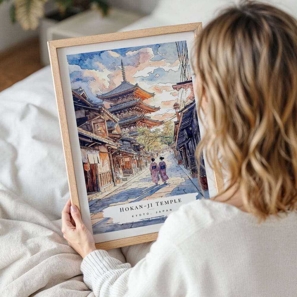 Framed Kyoto Hokan-ji Temple Watercolor Wall Art - Woman Holding - Portrait Framed Kyoto Hokan-ji Temple Watercolor Wall Art - Woman Holding - Portrait