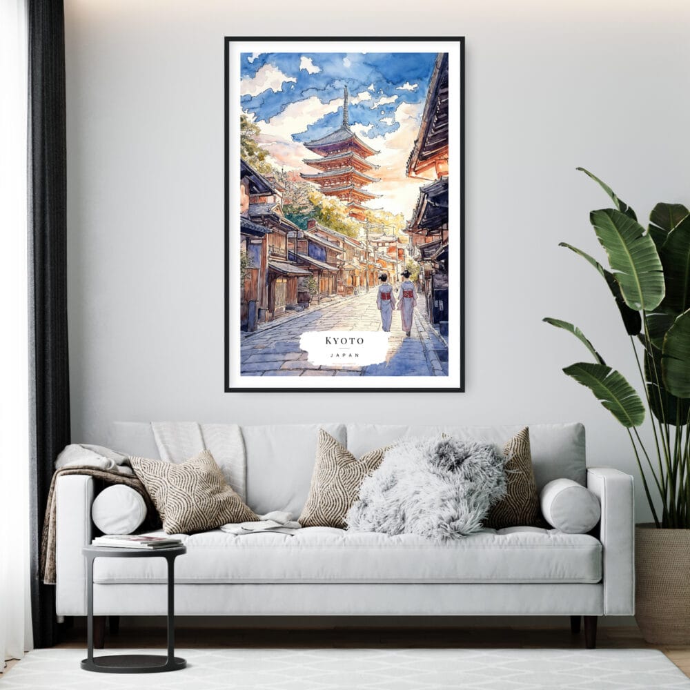 Framed Kyoto Japan Watercolor Wall Art - Living Room - Portrait Framed Kyoto Japan Watercolor Wall Art - Living Room - Portrait