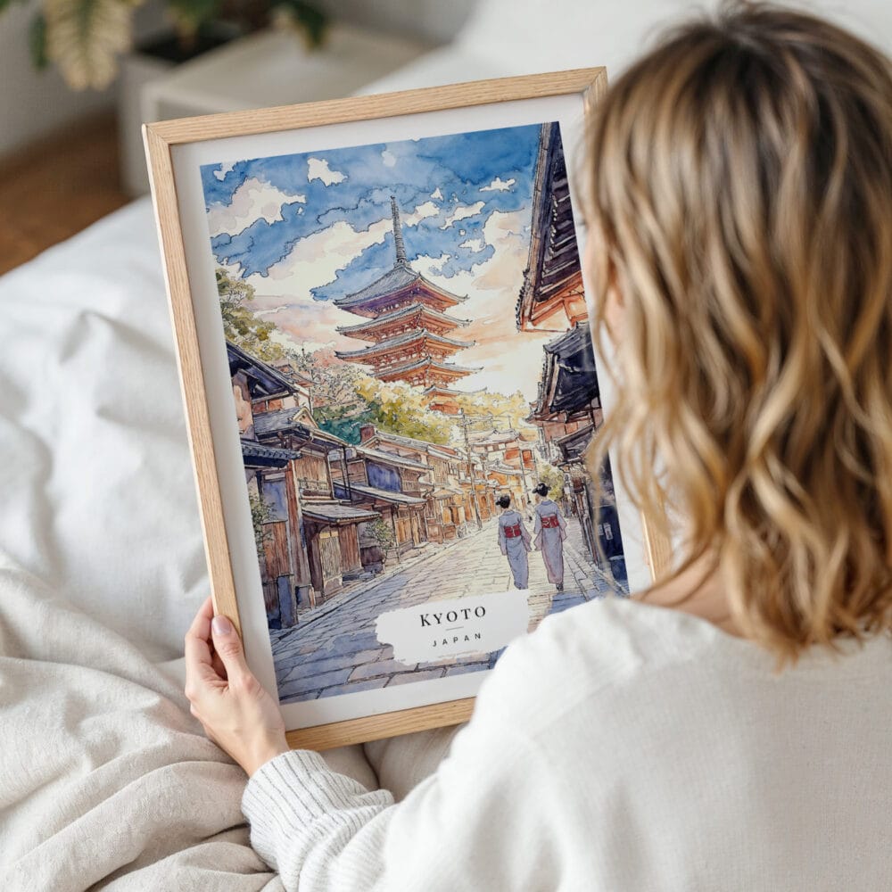 Framed Kyoto Japan Watercolor Wall Art - Woman Holding - Portrait Framed Kyoto Japan Watercolor Wall Art - Woman Holding - Portrait