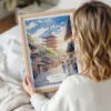 Framed Kyoto Japan Watercolor Wall Art - Woman Holding - Portrait