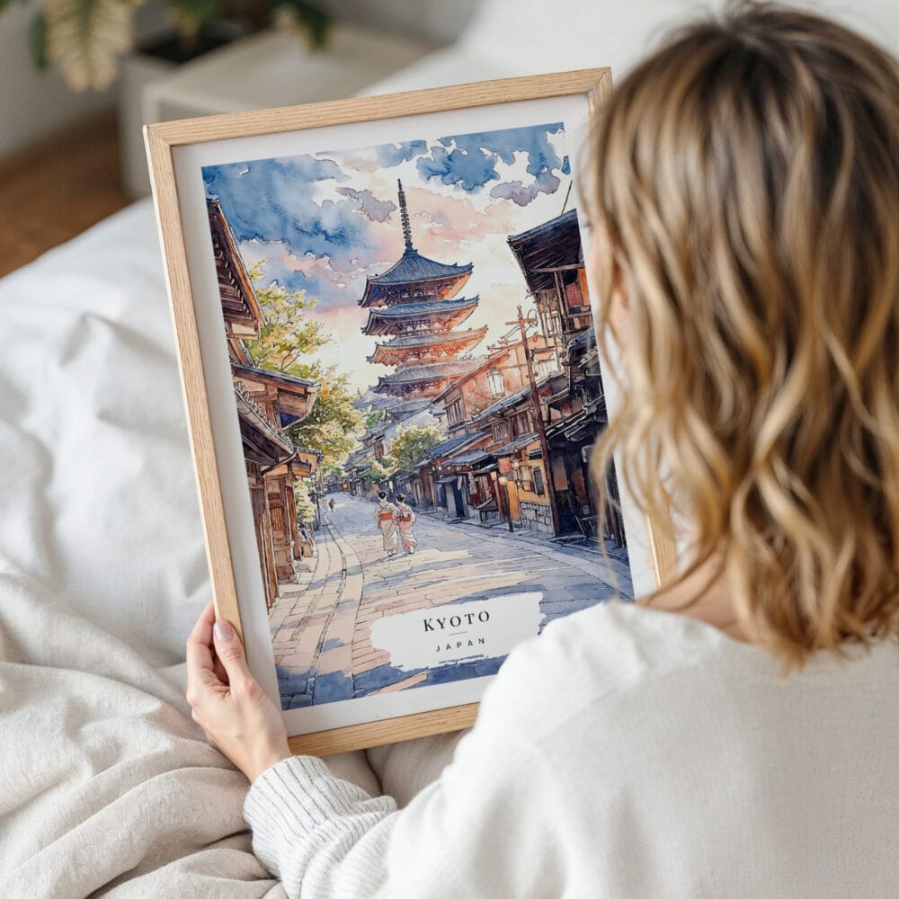 Framed Kyoto Yasaka Pagoda Watercolor Wall Art - Woman Holding - Portrait Framed Kyoto Yasaka Pagoda Watercolor Wall Art - Woman Holding - Portrait