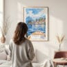 Framed Lake Como View from Boat Watercolor Wall Art - In Living Room with Woman Looking at it - Portrait