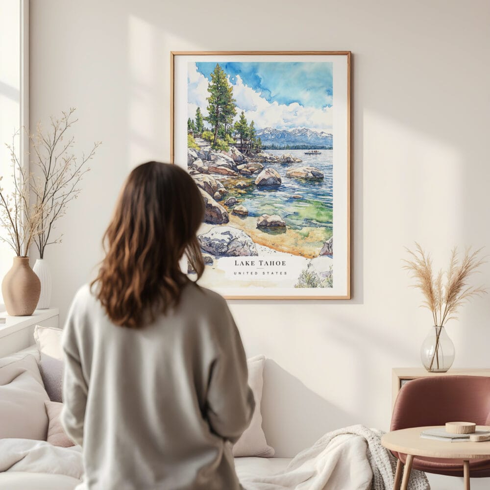 Framed Lake Tahoe Watercolor Wall Art - In Living Room with Woman Looking at it - Portrait Framed Lake Tahoe Watercolor Wall Art - In Living Room with Woman Looking at it - Portrait