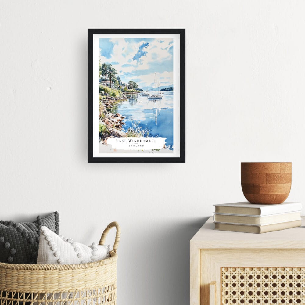 Framed Lake Windermere Cumbria Watercolor Wall Art - Hallway - Portrait Framed Lake Windermere Cumbria Watercolor Wall Art - Hallway - Portrait
