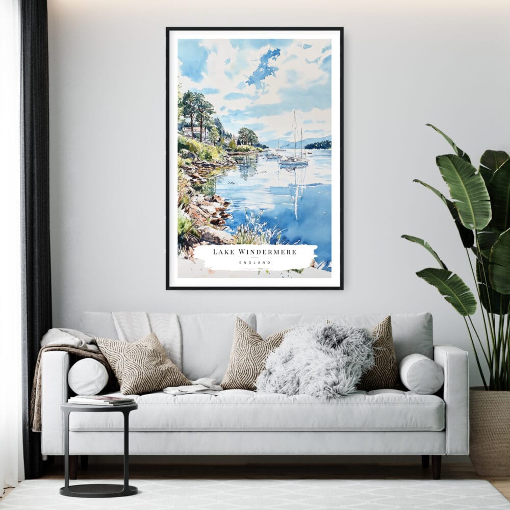 Framed Lake Windermere Cumbria Watercolor Wall Art - Living Room - Portrait Framed Lake Windermere Cumbria Watercolor Wall Art - Living Room - Portrait