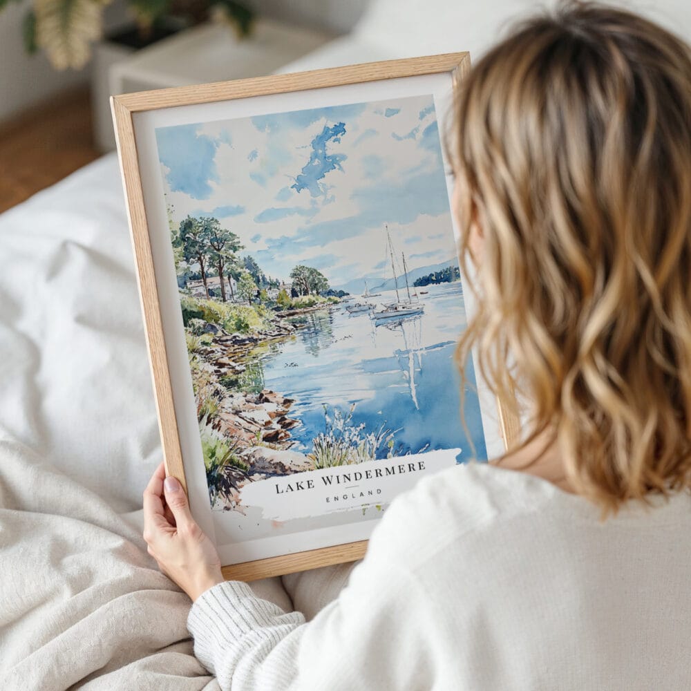 Framed Lake Windermere Cumbria Watercolor Wall Art - Woman Holding - Portrait Framed Lake Windermere Cumbria Watercolor Wall Art - Woman Holding - Portrait