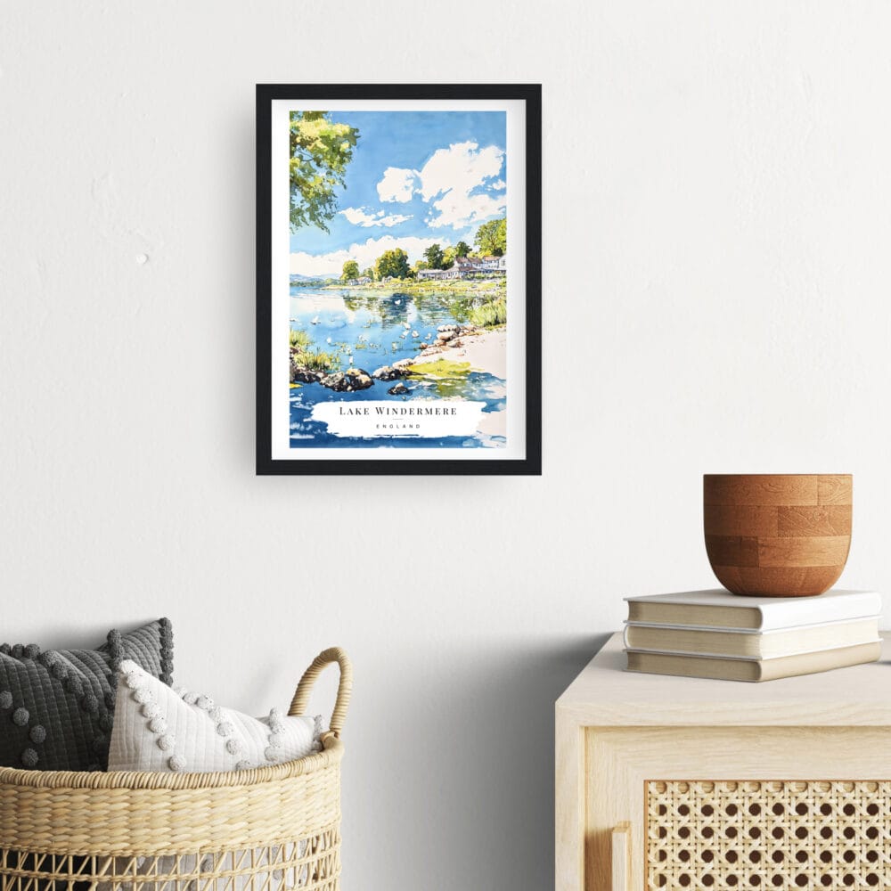 Framed Lake Windermere Lake District Watercolor Wall Art - Hallway - Portrait Framed Lake Windermere Lake District Watercolor Wall Art - Hallway - Portrait