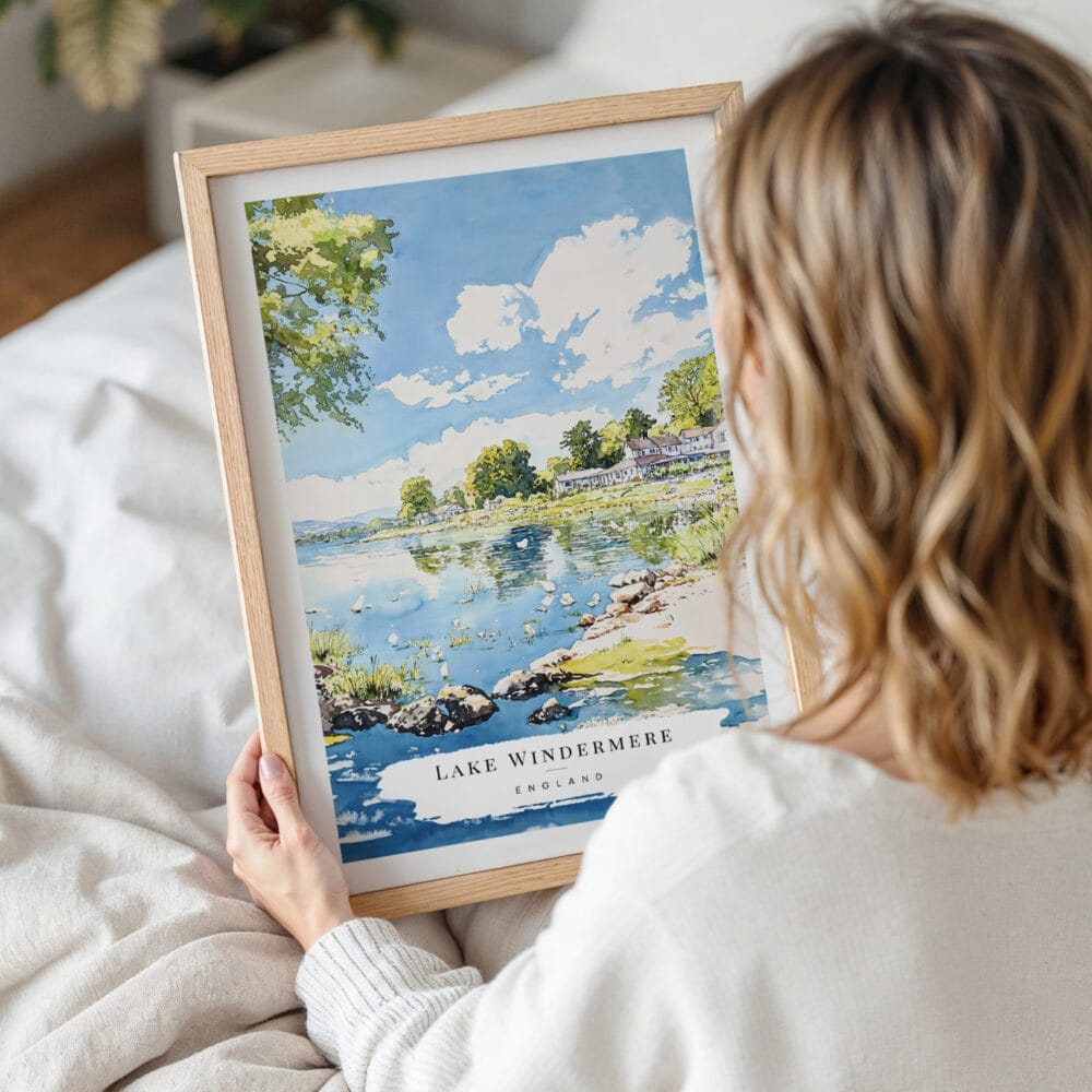 Framed Lake Windermere Lake District Watercolor Wall Art - Woman Holding - Portrait Framed Lake Windermere Lake District Watercolor Wall Art - Woman Holding - Portrait