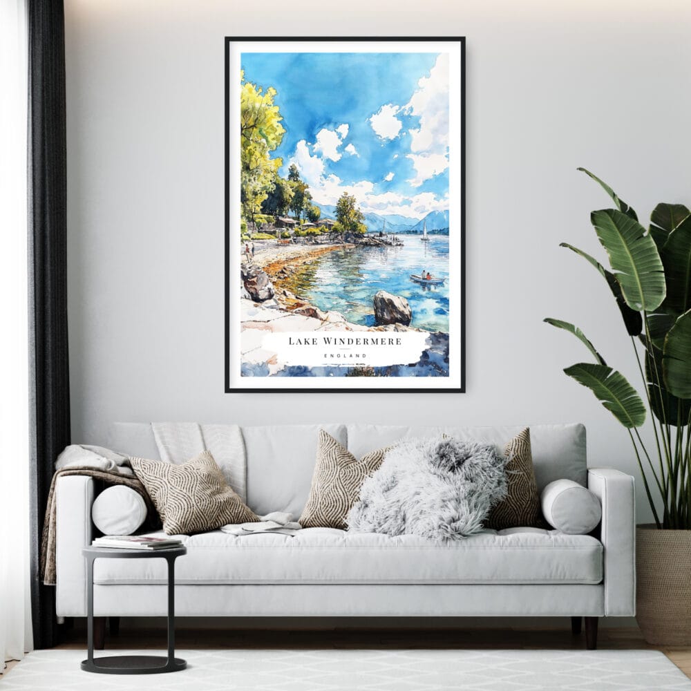 Framed Lake Windermere Watercolor Wall Art - Living Room - Portrait Framed Lake Windermere Watercolor Wall Art - Living Room - Portrait