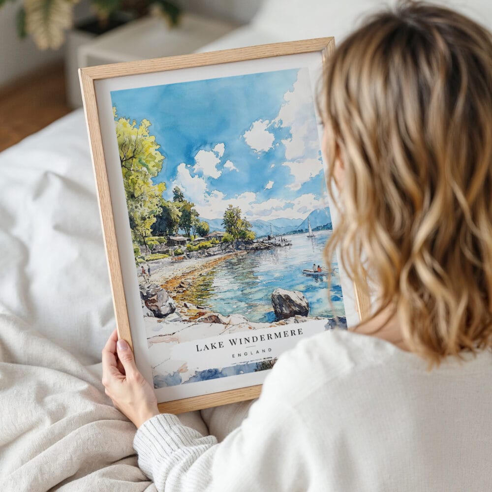 Framed Lake Windermere Watercolor Wall Art - Woman Holding - Portrait Framed Lake Windermere Watercolor Wall Art - Woman Holding - Portrait
