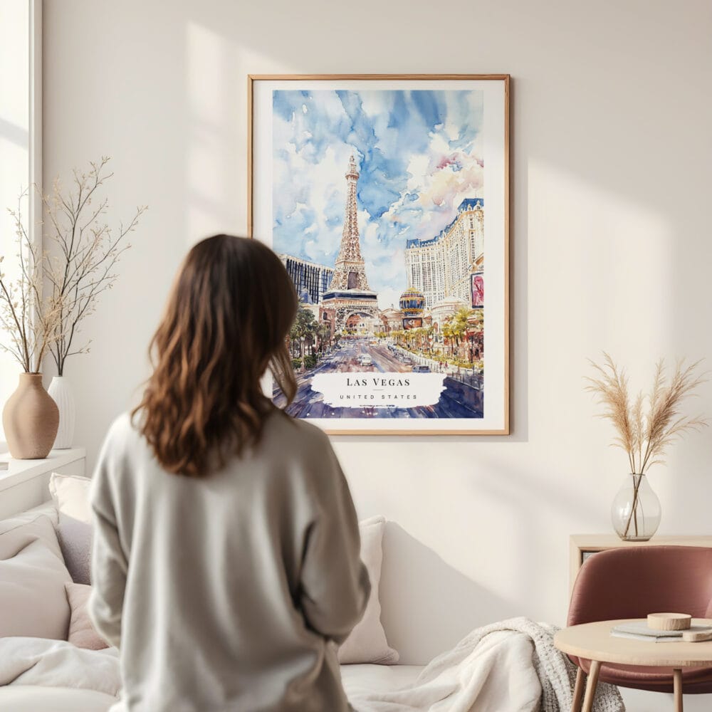 Framed Las Vegas Nevada Watercolor Wall Art - In Living Room with Woman Looking at it - Portrait Framed Las Vegas Nevada Watercolor Wall Art - In Living Room with Woman Looking at it - Portrait