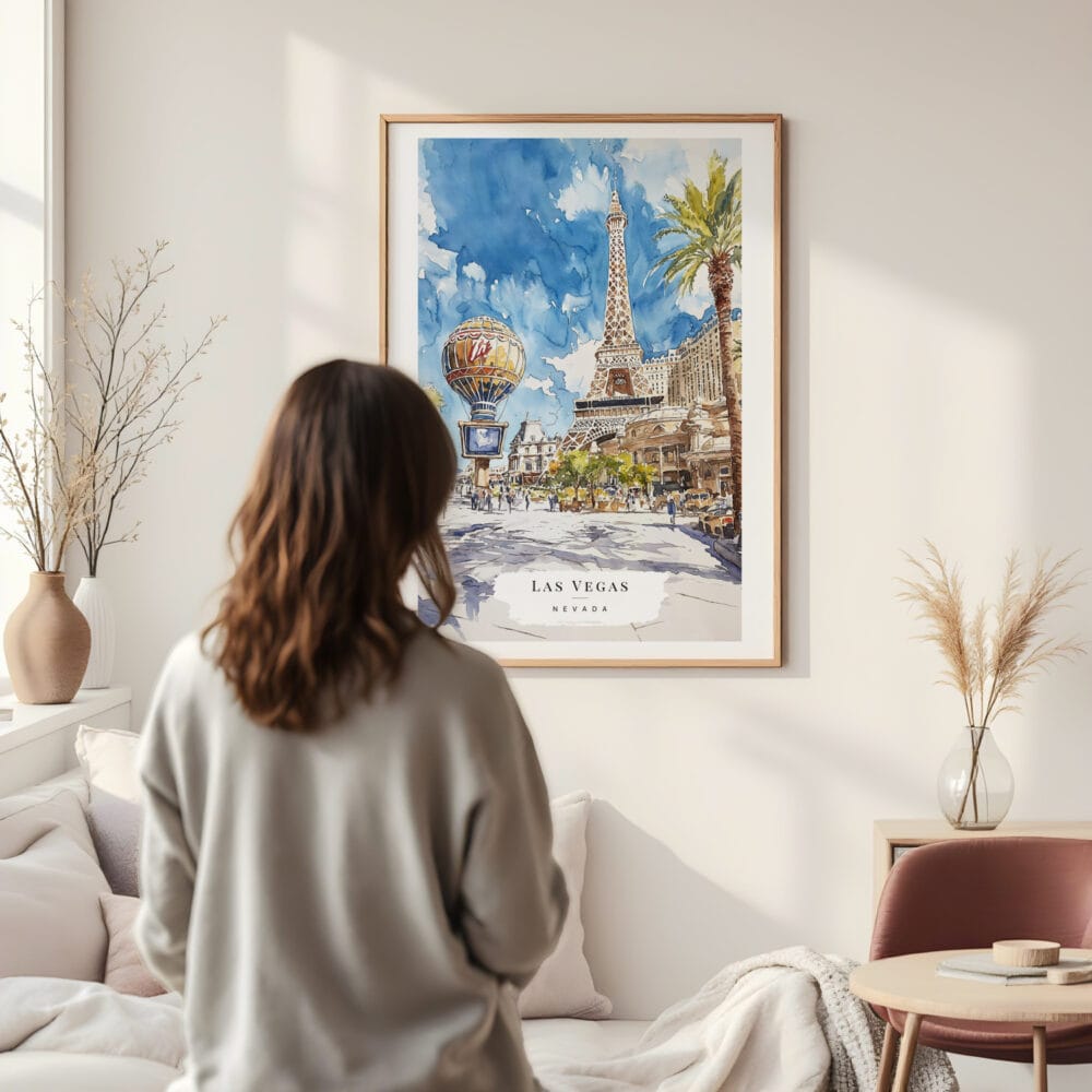 Framed Las Vegas Watercolor Wall Art - In Living Room with Woman Looking at it - Portrait Framed Las Vegas Watercolor Wall Art - In Living Room with Woman Looking at it - Portrait
