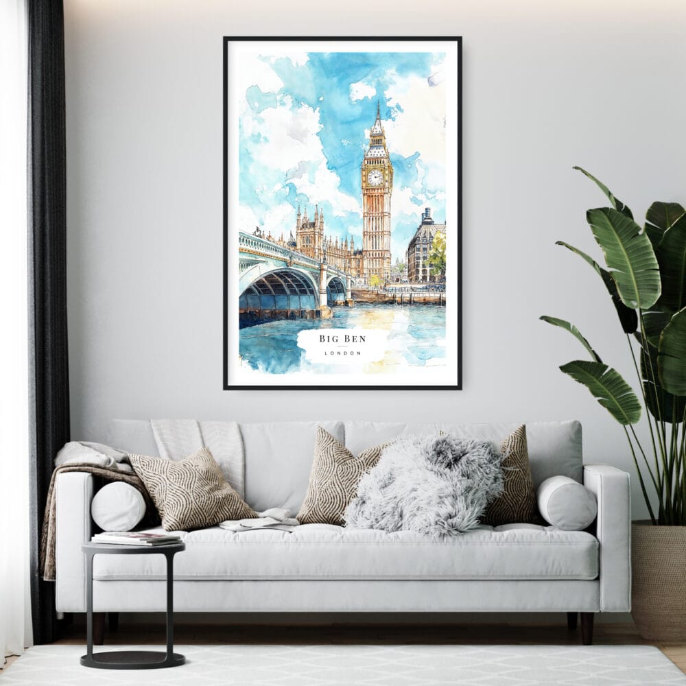 Framed London Big Ben Watercolor Wall Art - Living Room - Portrait Framed London Big Ben Watercolor Wall Art - Living Room - Portrait