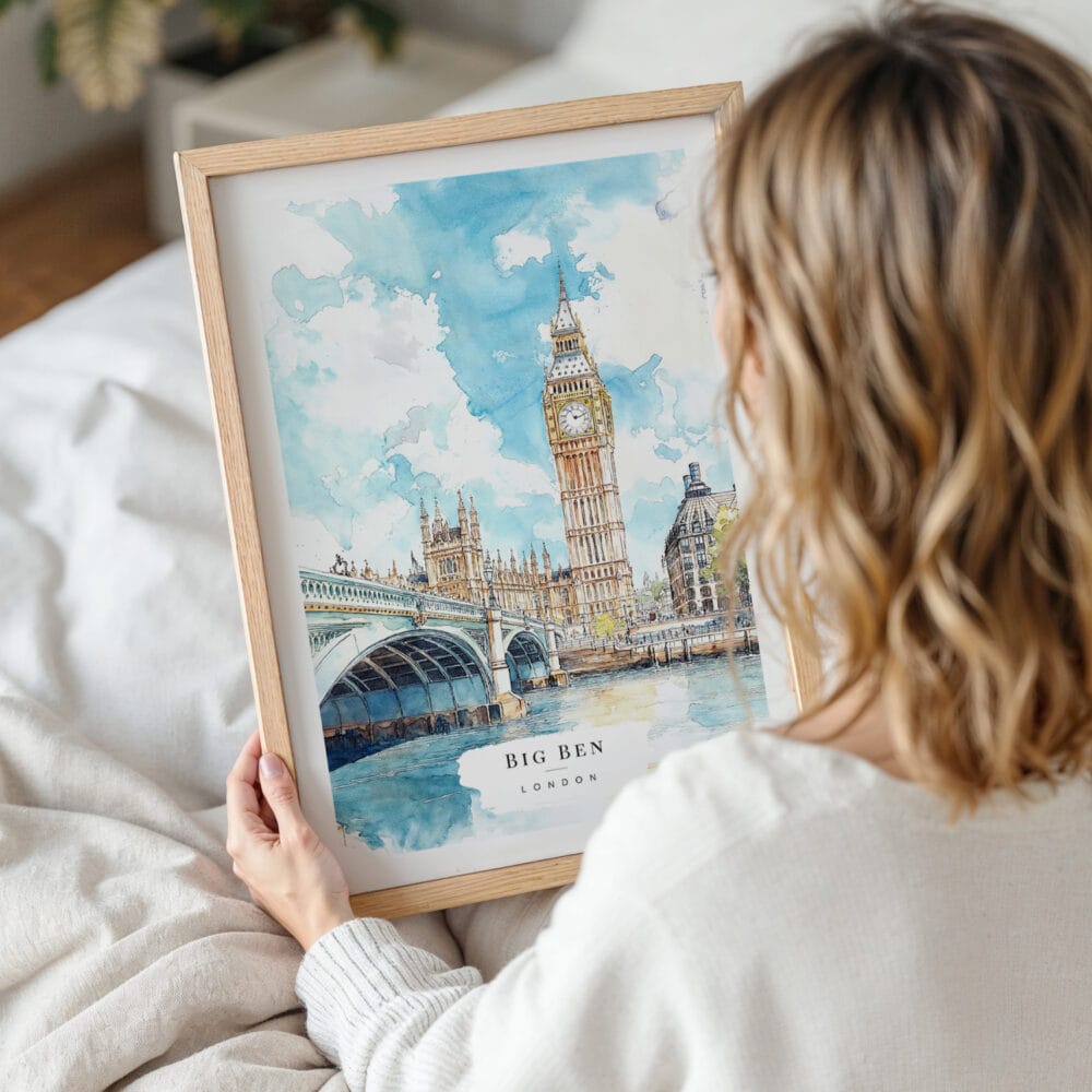 Framed London Big Ben Watercolor Wall Art - Woman Holding - Portrait Framed London Big Ben Watercolor Wall Art - Woman Holding - Portrait