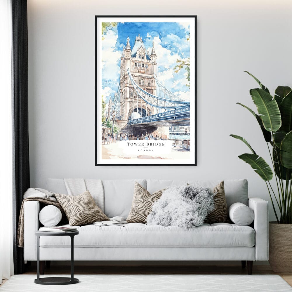 Framed London Tower Bridge Watercolor Wall Art - Living Room - Portrait Framed London Tower Bridge Watercolor Wall Art - Living Room - Portrait