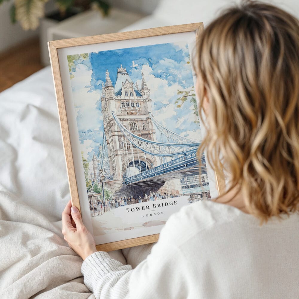 Framed London Tower Bridge Watercolor Wall Art - Woman Holding - Portrait Framed London Tower Bridge Watercolor Wall Art - Woman Holding - Portrait