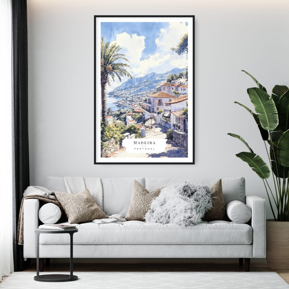 Framed Madeira Portugal Watercolor Wall Art - Living Room - Portrait Framed Madeira Portugal Watercolor Wall Art - Living Room - Portrait
