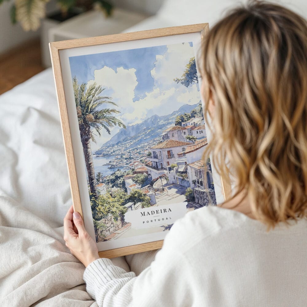 Framed Madeira Portugal Watercolor Wall Art - Woman Holding - Portrait Framed Madeira Portugal Watercolor Wall Art - Woman Holding - Portrait