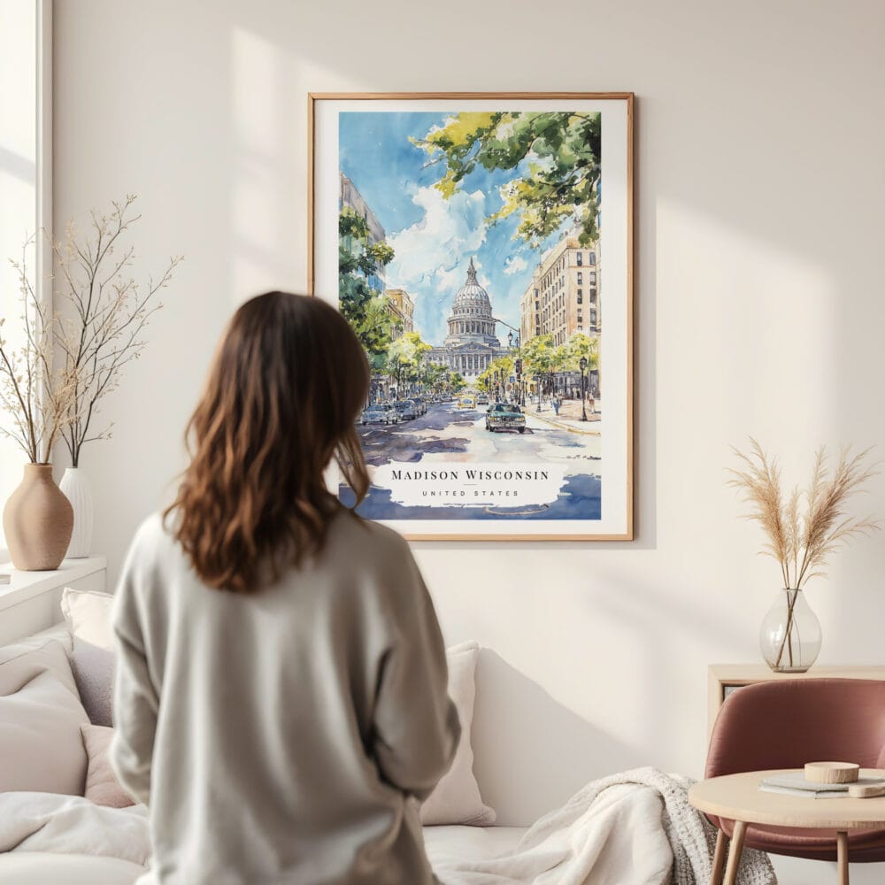 Framed Madison Wisconsin Capital Building Watercolor Wall Art - In Living Room with Woman Looking at it - Portrait Framed Madison Wisconsin Capital Building Watercolor Wall Art - In Living Room with Woman Looking at it - Portrait