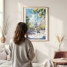 Framed Madison Wisconsin Capital Building Watercolor Wall Art - In Living Room with Woman Looking at it - Portrait