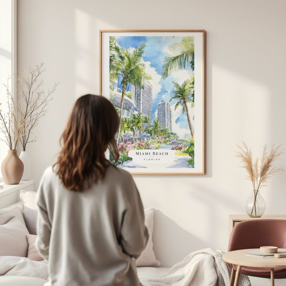 Framed Miami Beach Watercolor Wall Art - In Living Room with Woman Looking at it - Portrait Framed Miami Beach Watercolor Wall Art - In Living Room with Woman Looking at it - Portrait