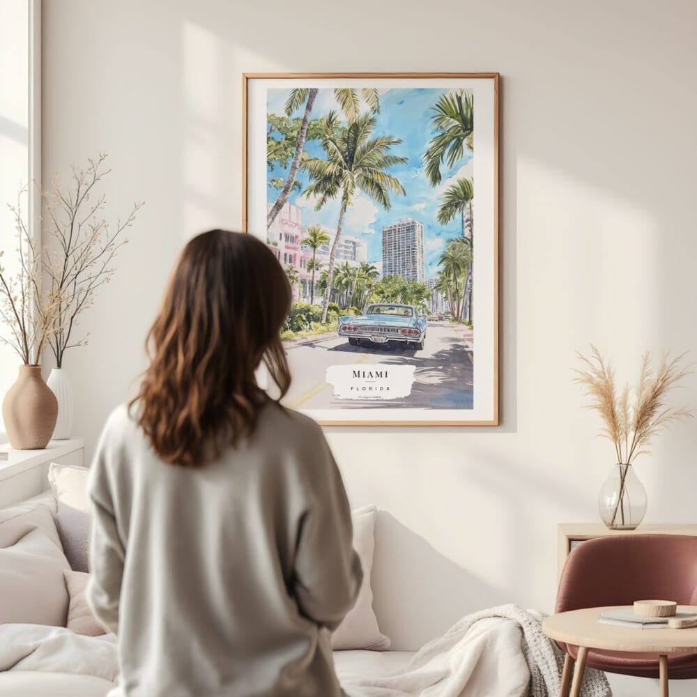 Framed Miami Watercolor Painting Wall Art - In Living Room with Woman Looking at it - Portrait Framed Miami Watercolor Painting Wall Art - In Living Room with Woman Looking at it - Portrait