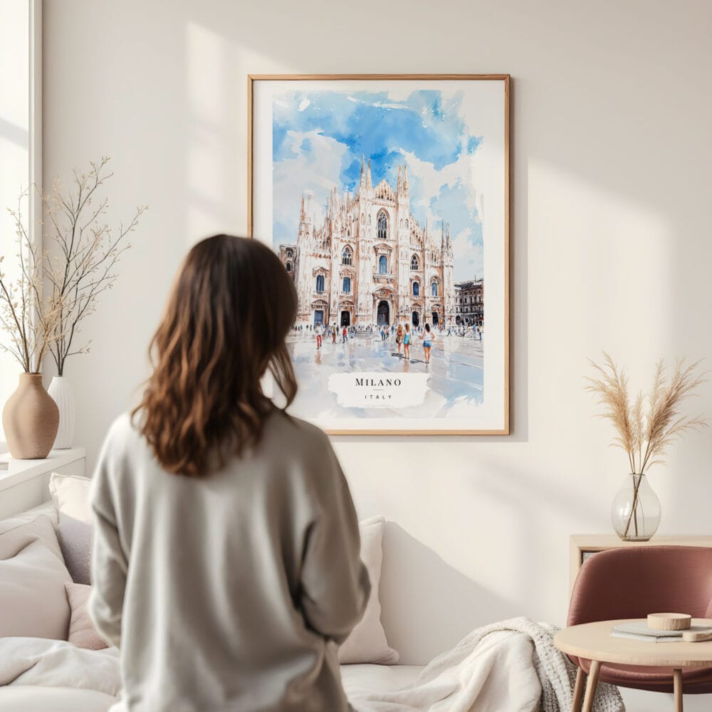 Framed Milano Italy Watercolor Wall Art - In Living Room with Woman Looking at it - Portrait Framed Milano Italy Watercolor Wall Art - In Living Room with Woman Looking at it - Portrait